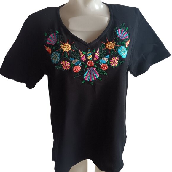 Large Women's T-Shirt Embroidered Floral Shell Padded Shoulders Top 1990s Mom - Picture 2 of 7